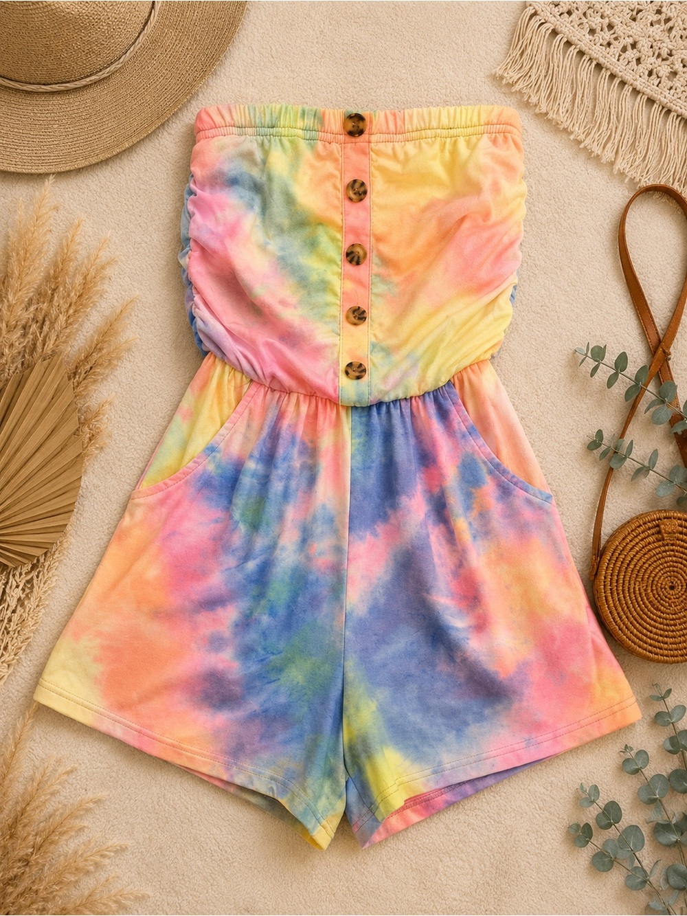 Strapless Pastel Rainbow Tie-Dye Romper